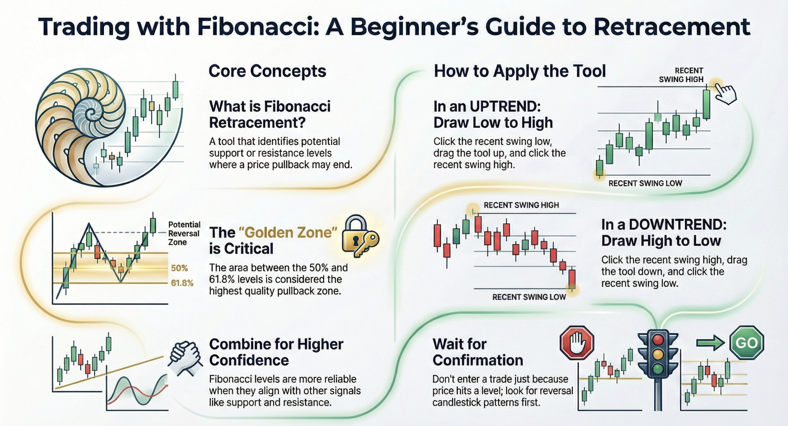 Trading with Fibonacci: A Beginner's Guide to Retracement showing the Golden Zone and core concepts