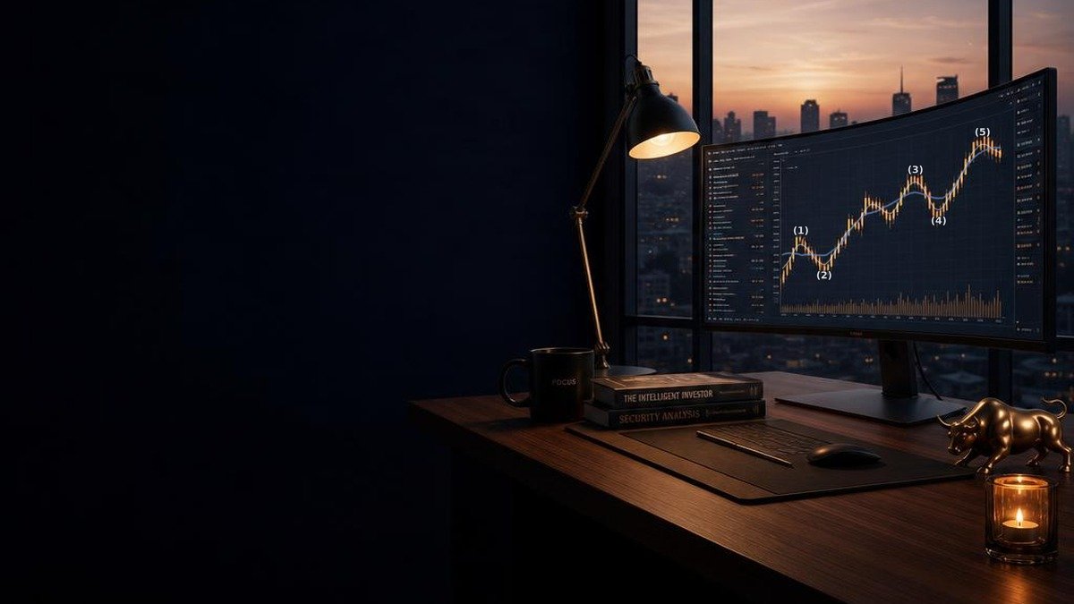 Professional trader's desk at dusk with a curved monitor showing an Elliott Wave-annotated candlestick chart over a city skyline