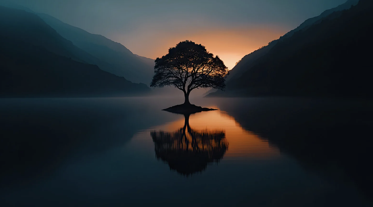 Serene tree at sunset reflecting on calm water - representing clarity and perspective in market analysis